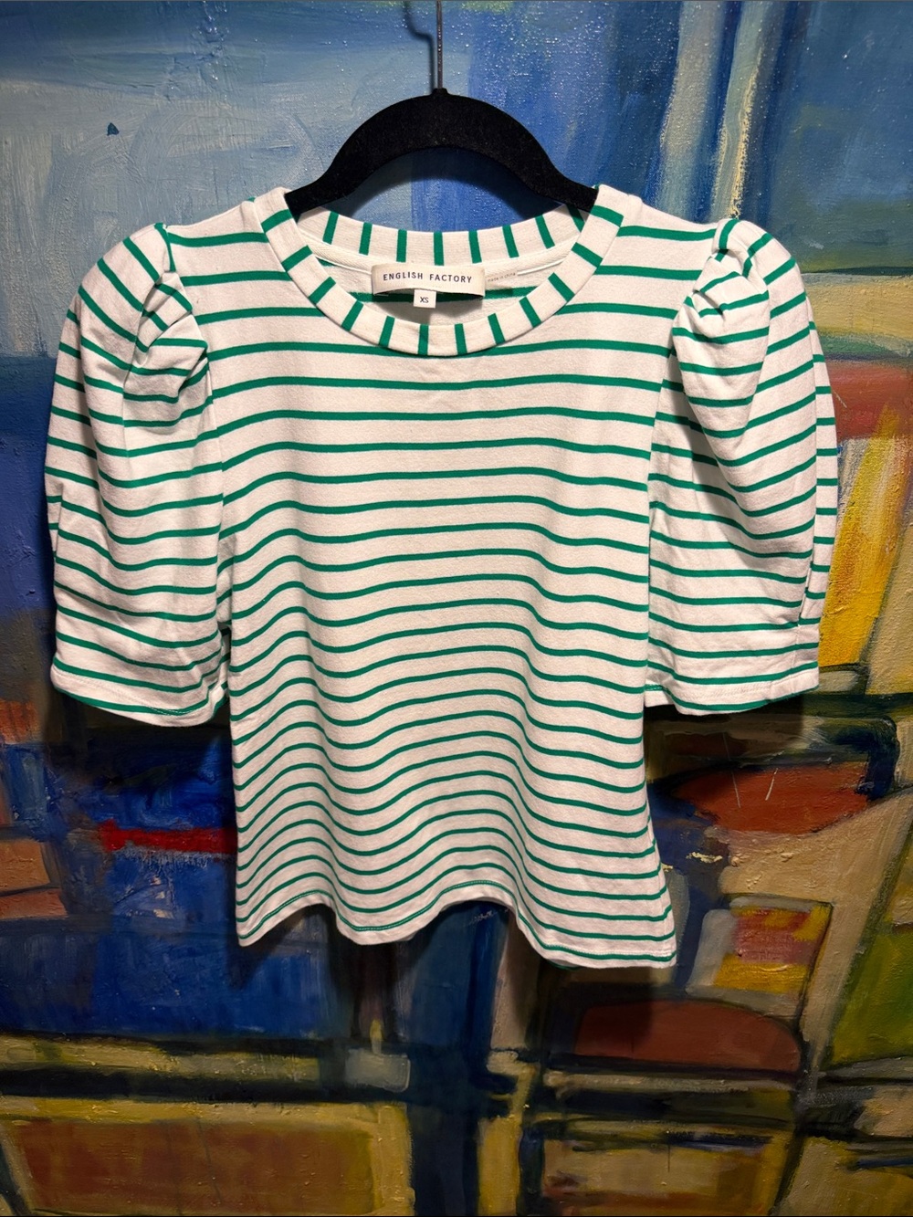 English Factory White and Green Striped Puff Sleeve Tee size XS